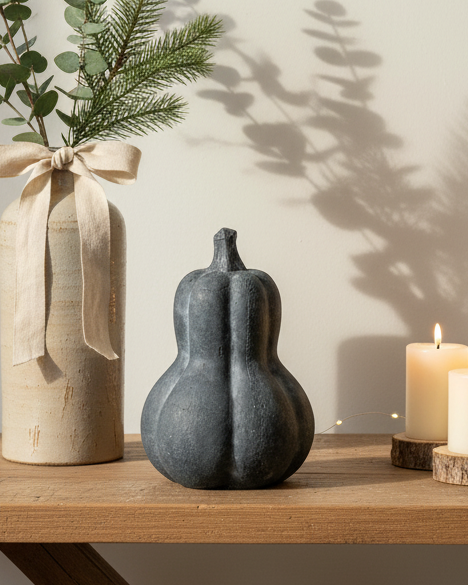 Decorative items on a wooden table with a vase, candles, and a plant.