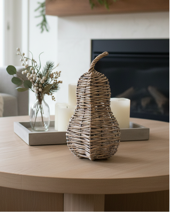 Living room with a round wooden coffee table, decorative items, and a fireplace.