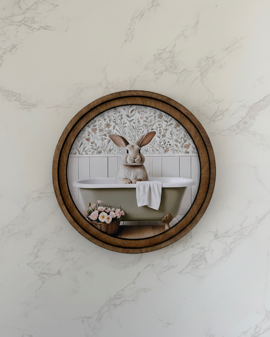 Bunny in Bathtub Round Framed Decor