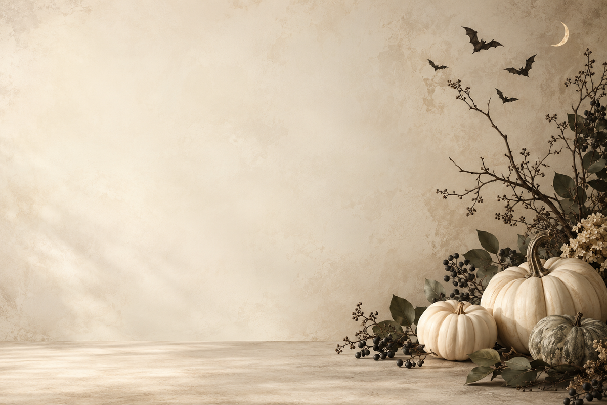 Cream pumpkins, charcoal bats and autumn branches on an ivory Halloween background