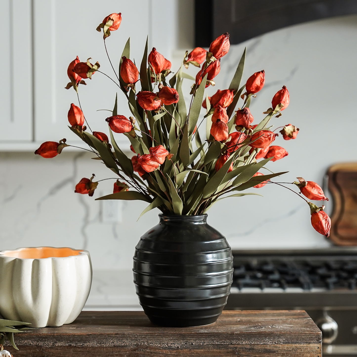 Black Ceramic Ribbed Vase