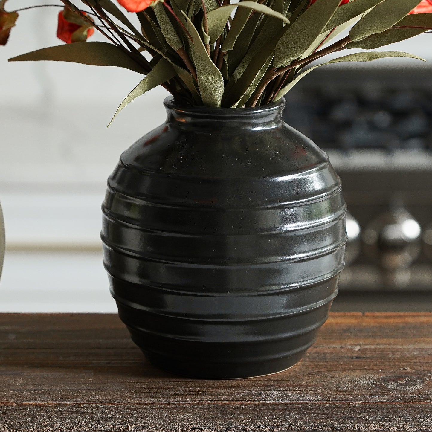 Black Ceramic Ribbed Vase