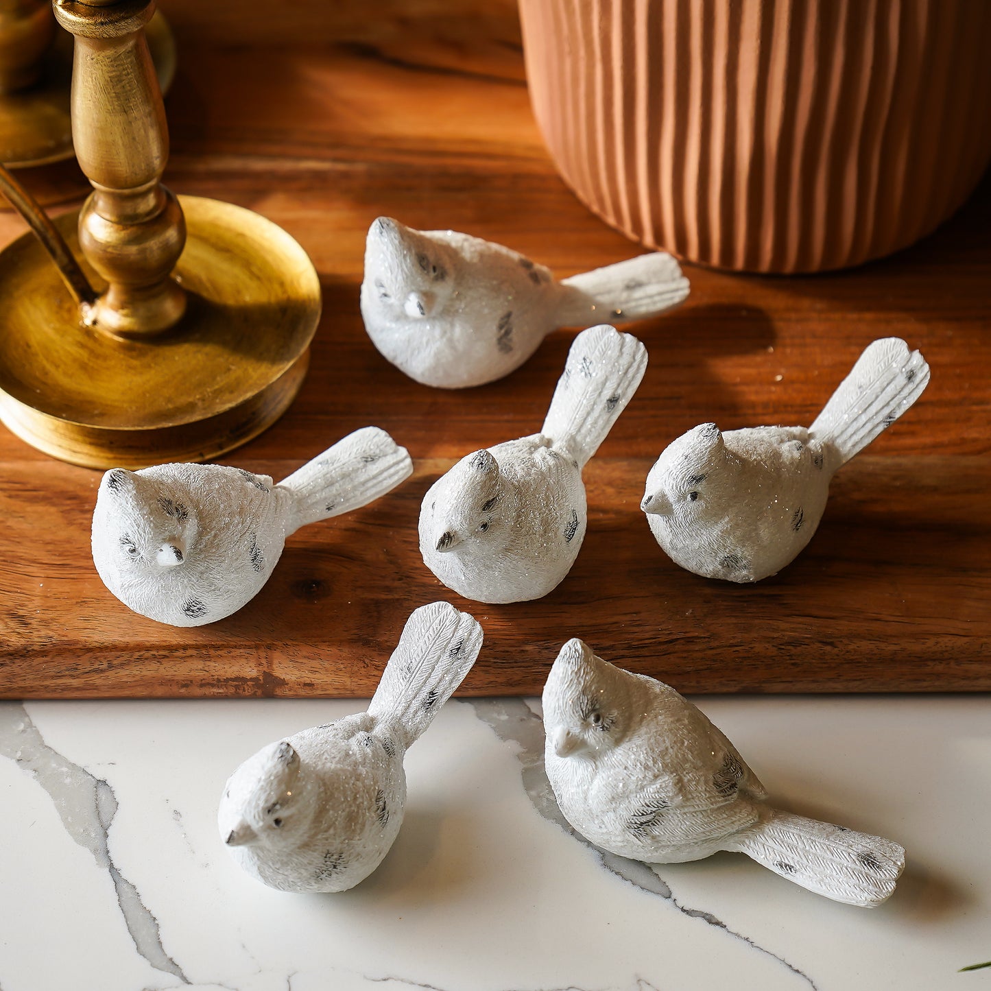 Small White Distressed Bird | Set of 6