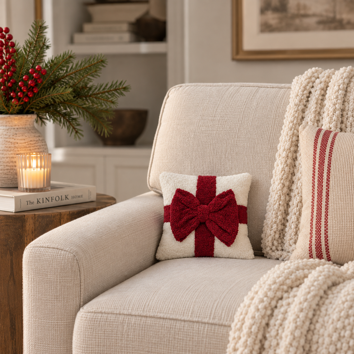 Red Bow Bouclé Accent Pillow