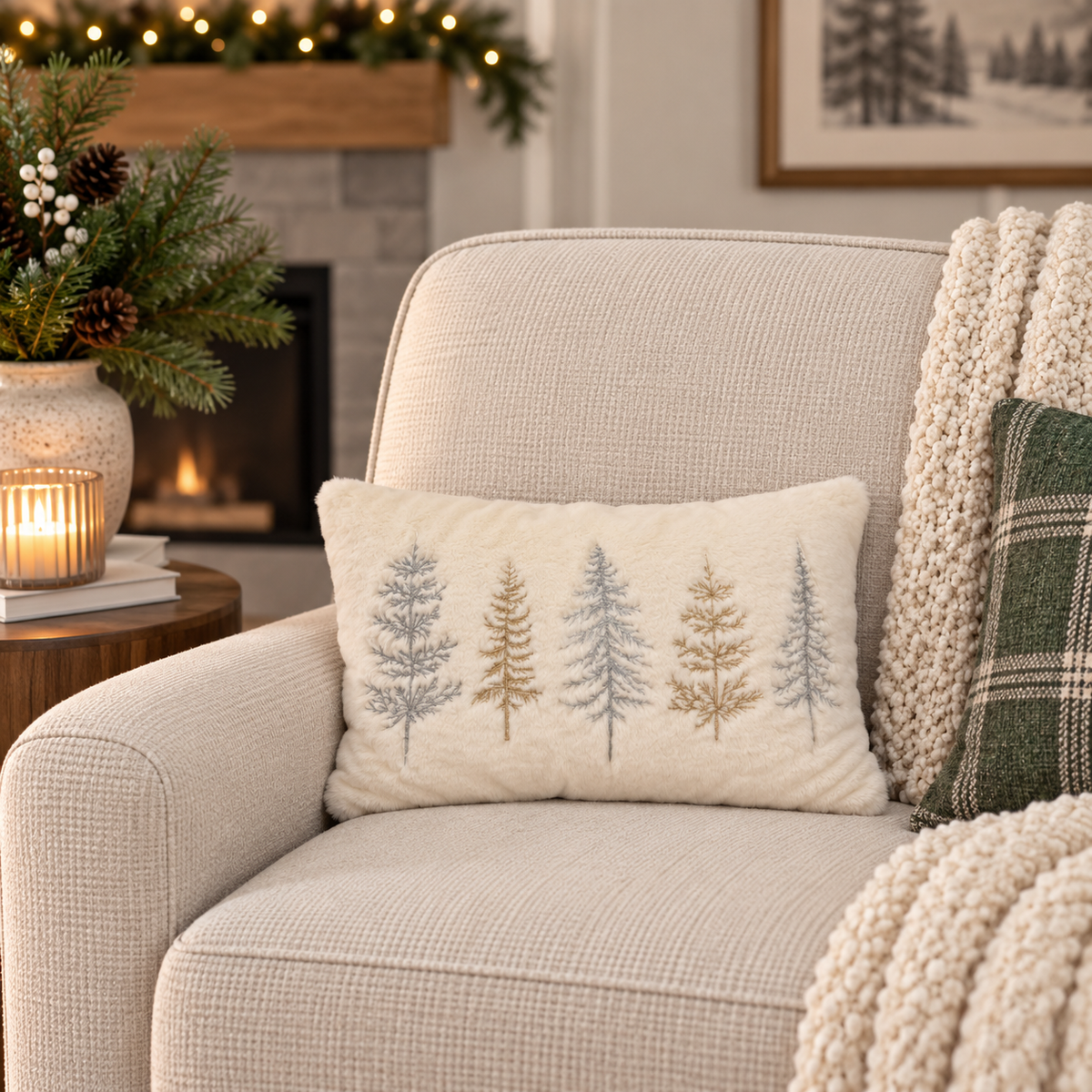 Embroidered Evergreen Faux Fur Pillow