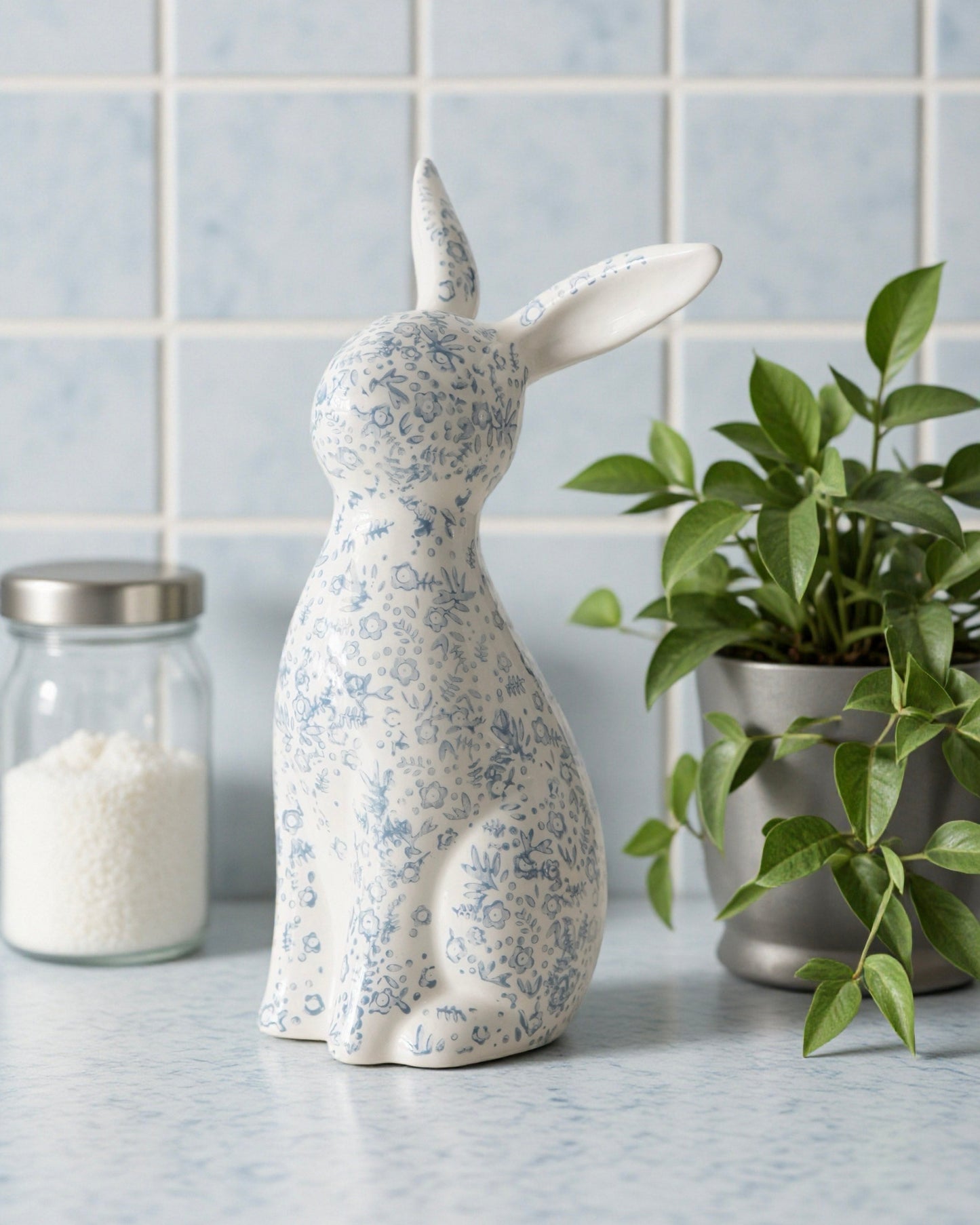 Blue Floral Ceramic Bunny