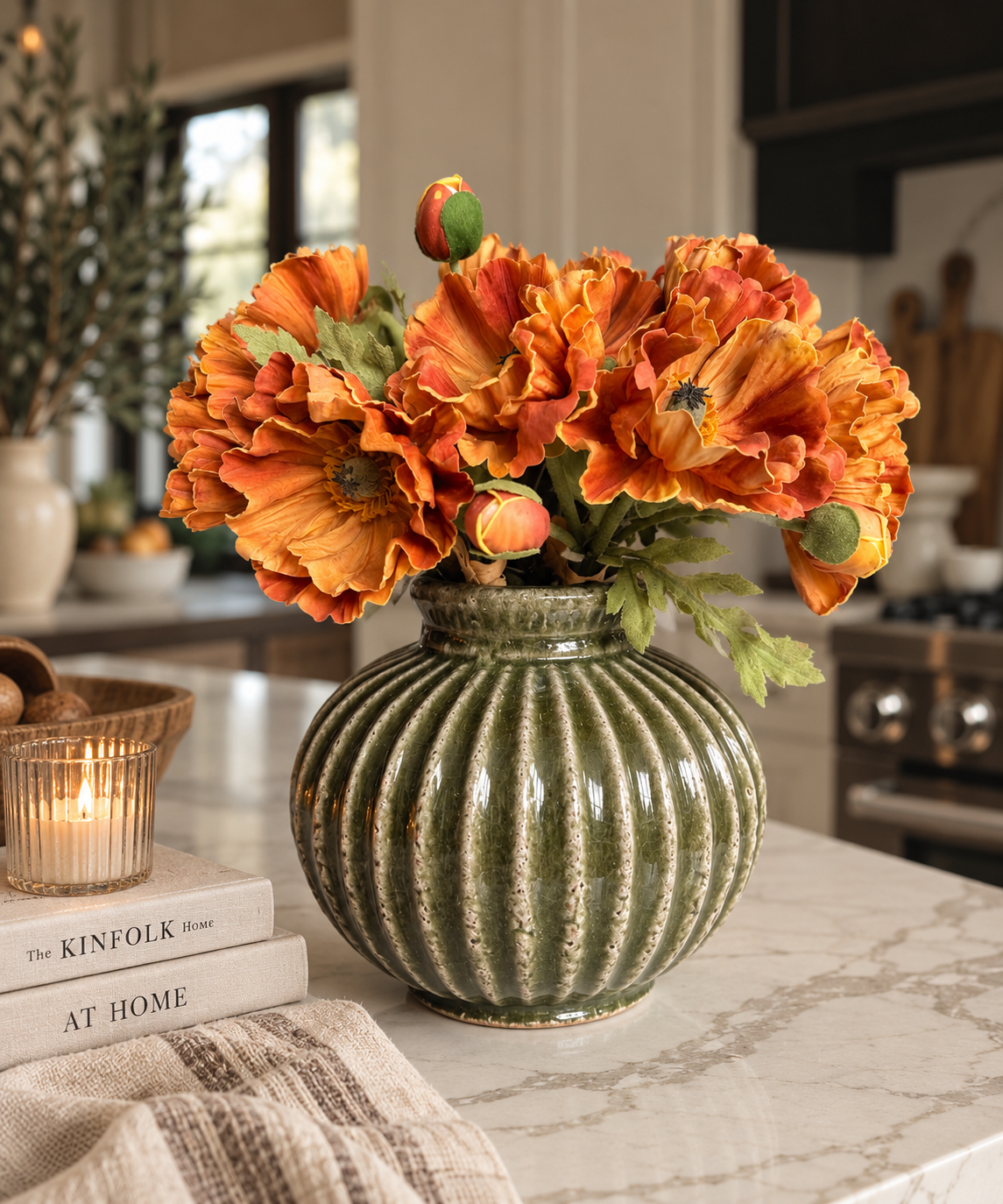 Green RIbbed Terracotta Vase