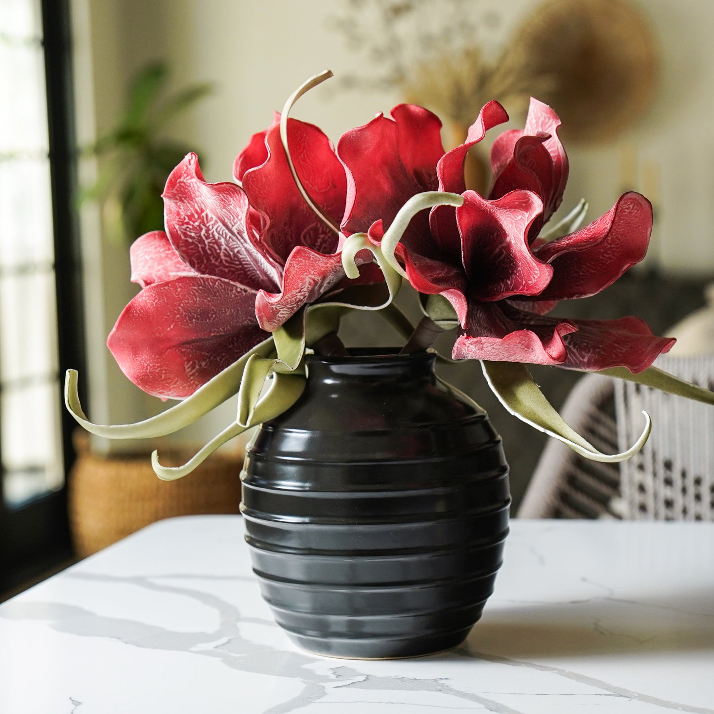 Black Ceramic Ribbed Vase