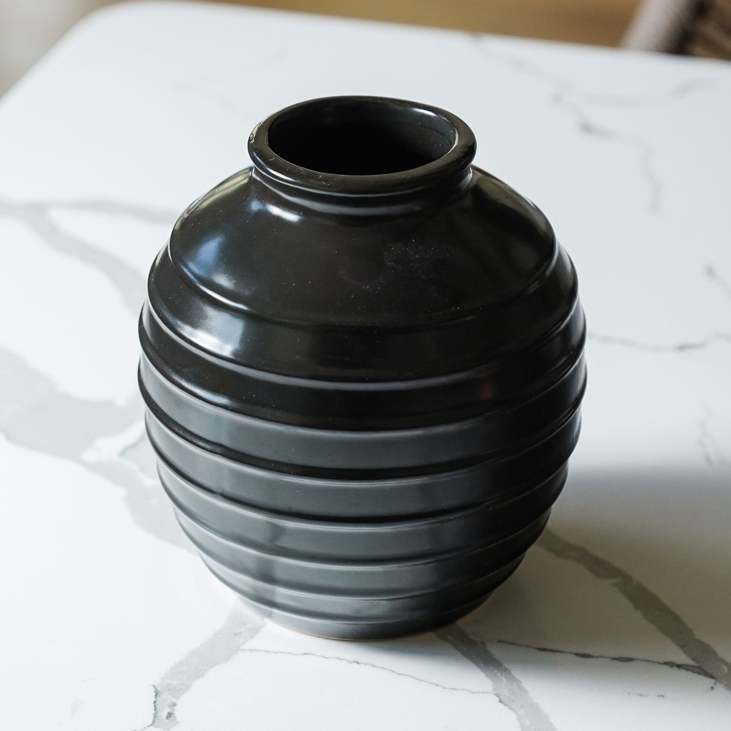 Black Ceramic Ribbed Vase