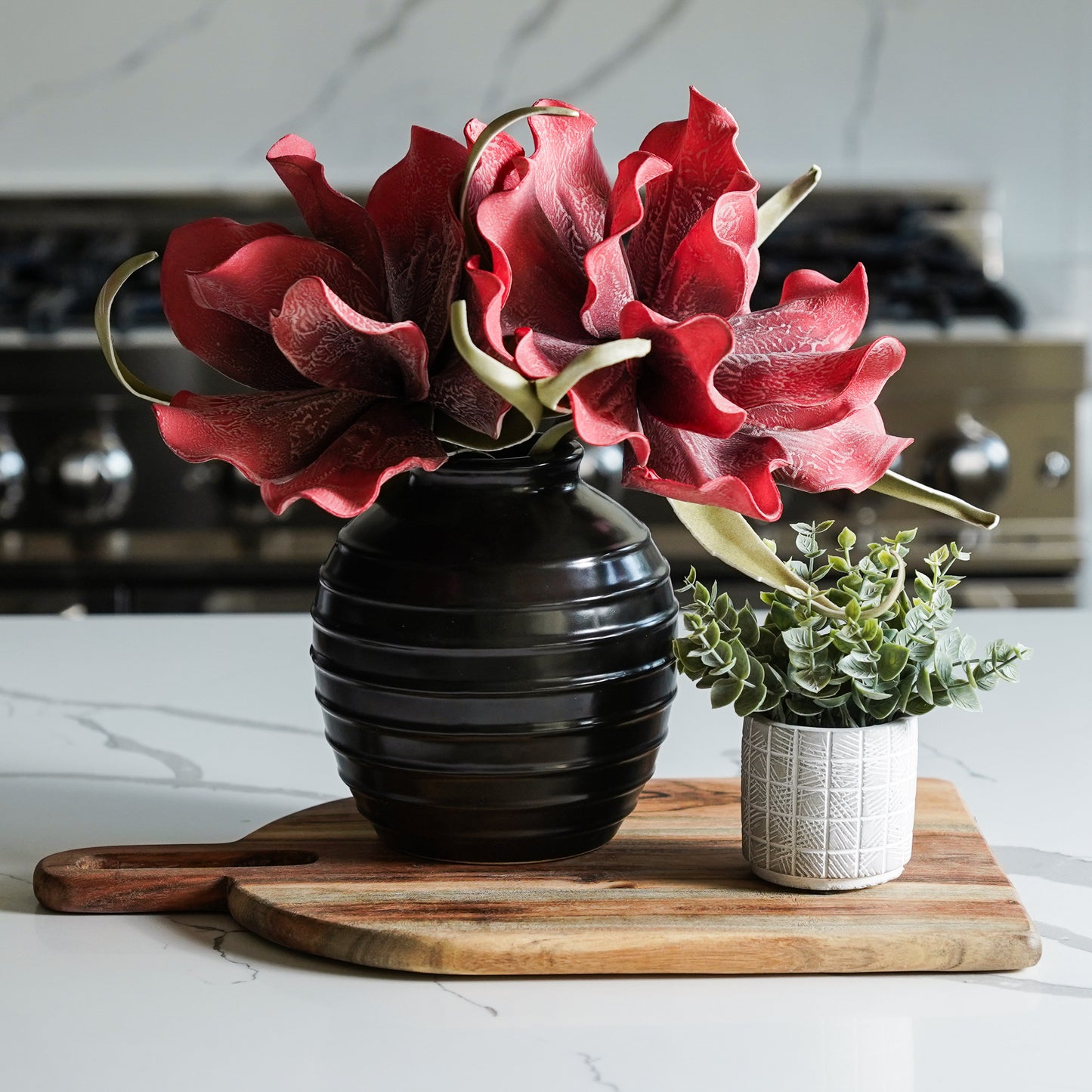 Black Ceramic Ribbed Vase