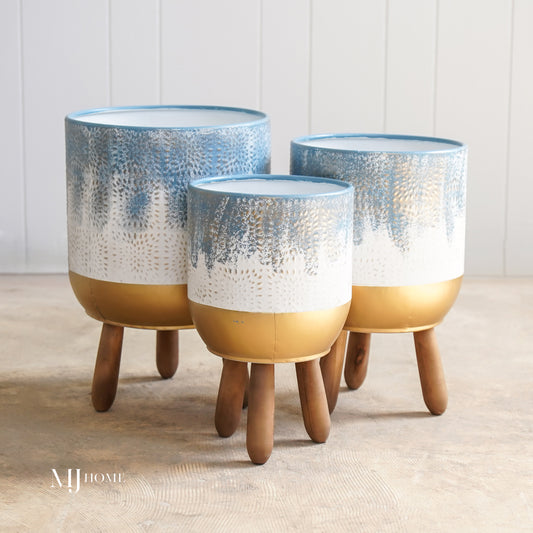 Blue & Gold Footed Planters | Set of 3