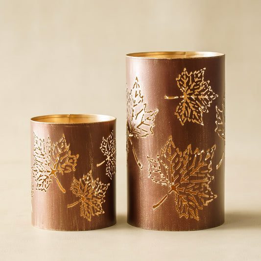Bronze Maple Leaf Cutout Lanterns | Fall Candle Holders
