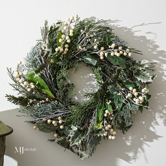 Mixed Greenery and Cream Berry Wreath