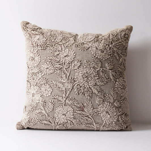 Taupe Floral Embroidered Pillow