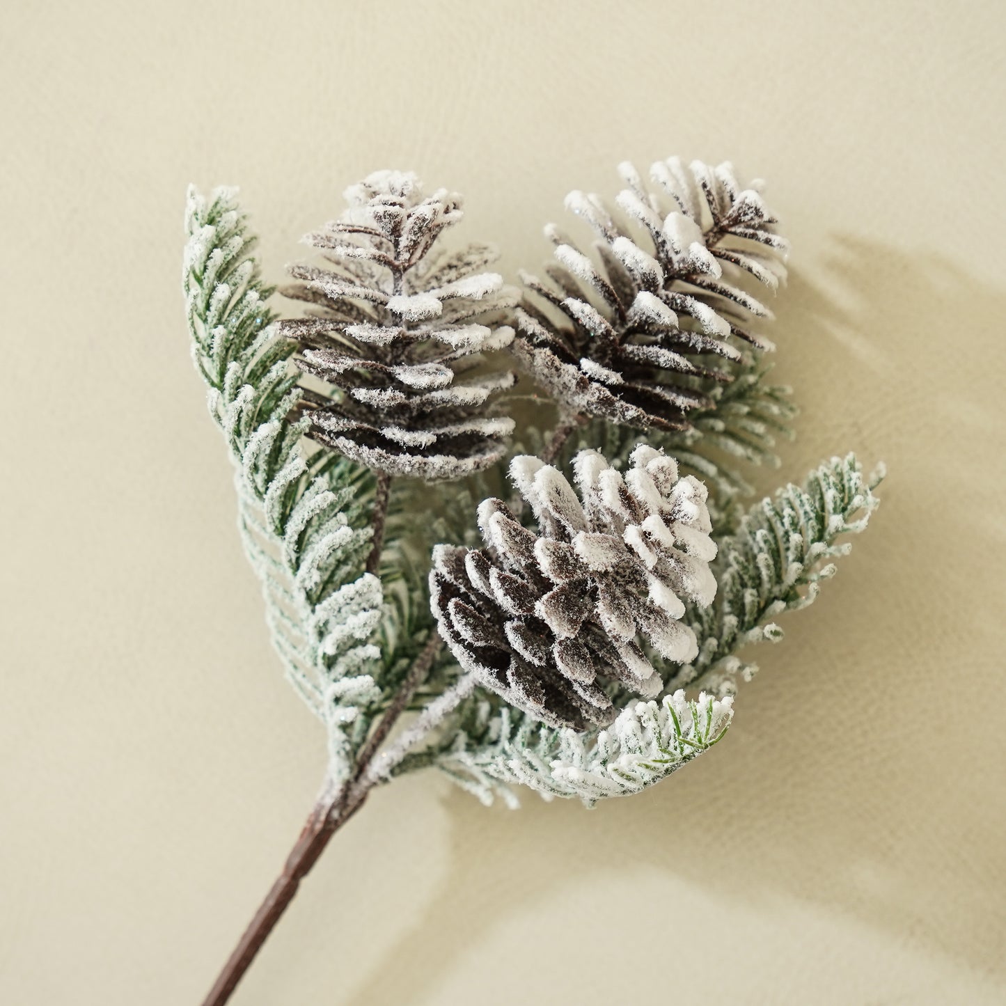 Flocked Fir and Pinecone Stem | Faux Winter Greenery