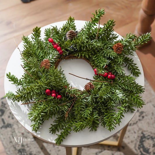 Real Touch Pine & Red Berry Candle Ring – 16”