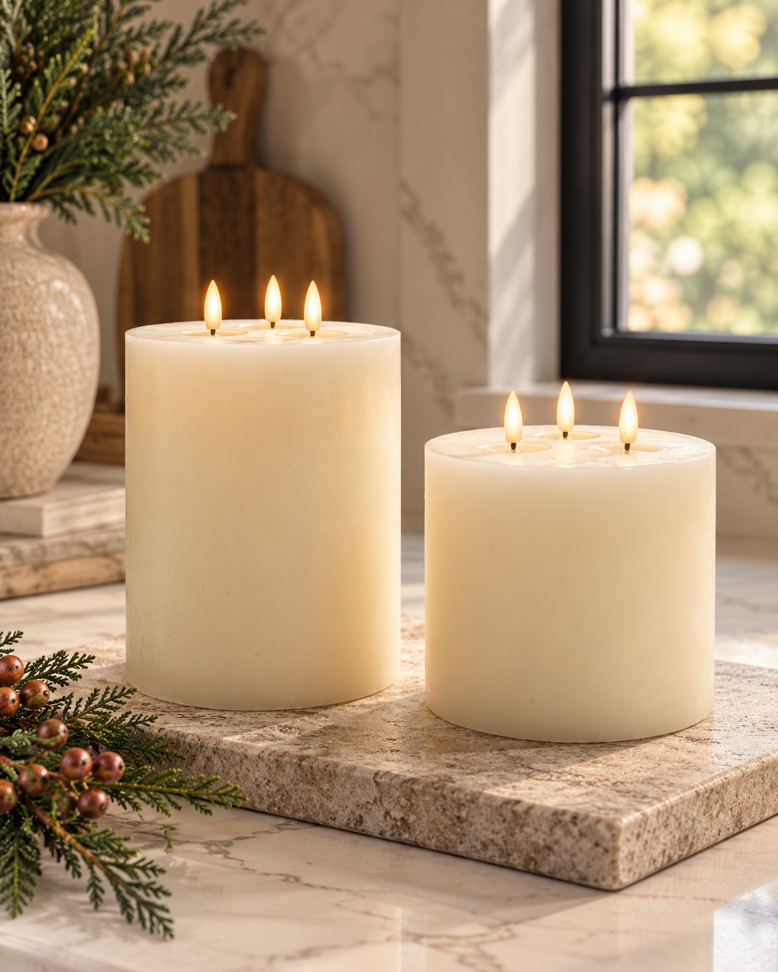 Two ivory flameless LED three-wick pillar candles in different heights with realistic glowing flames and smooth wax exteriors