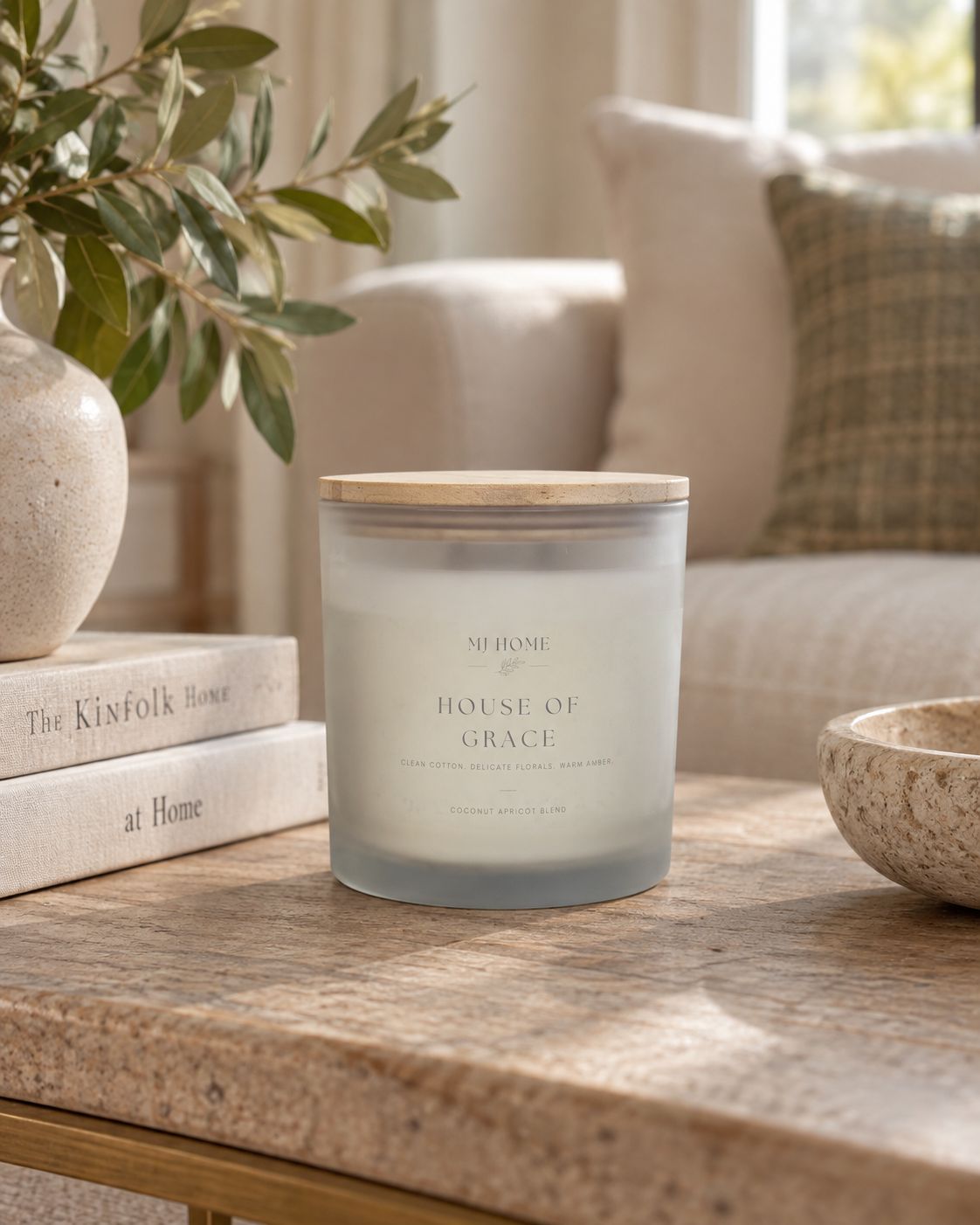 MJHome Estate 4-wick House of Grace scented candle in a large frosted glass vessel with natural bamboo lid and black MJHome gift box