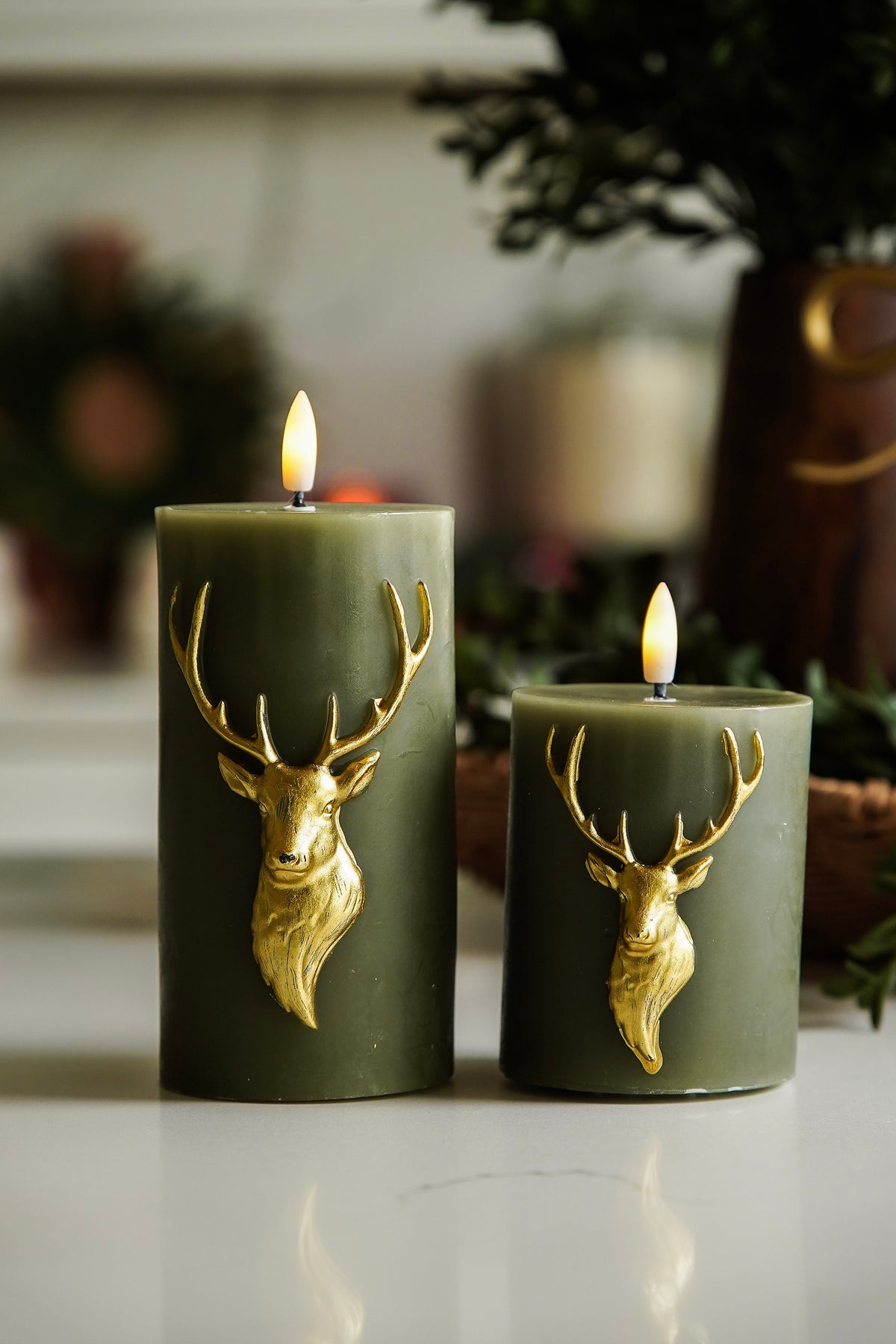 Green & Gold Deer Flameless Candle