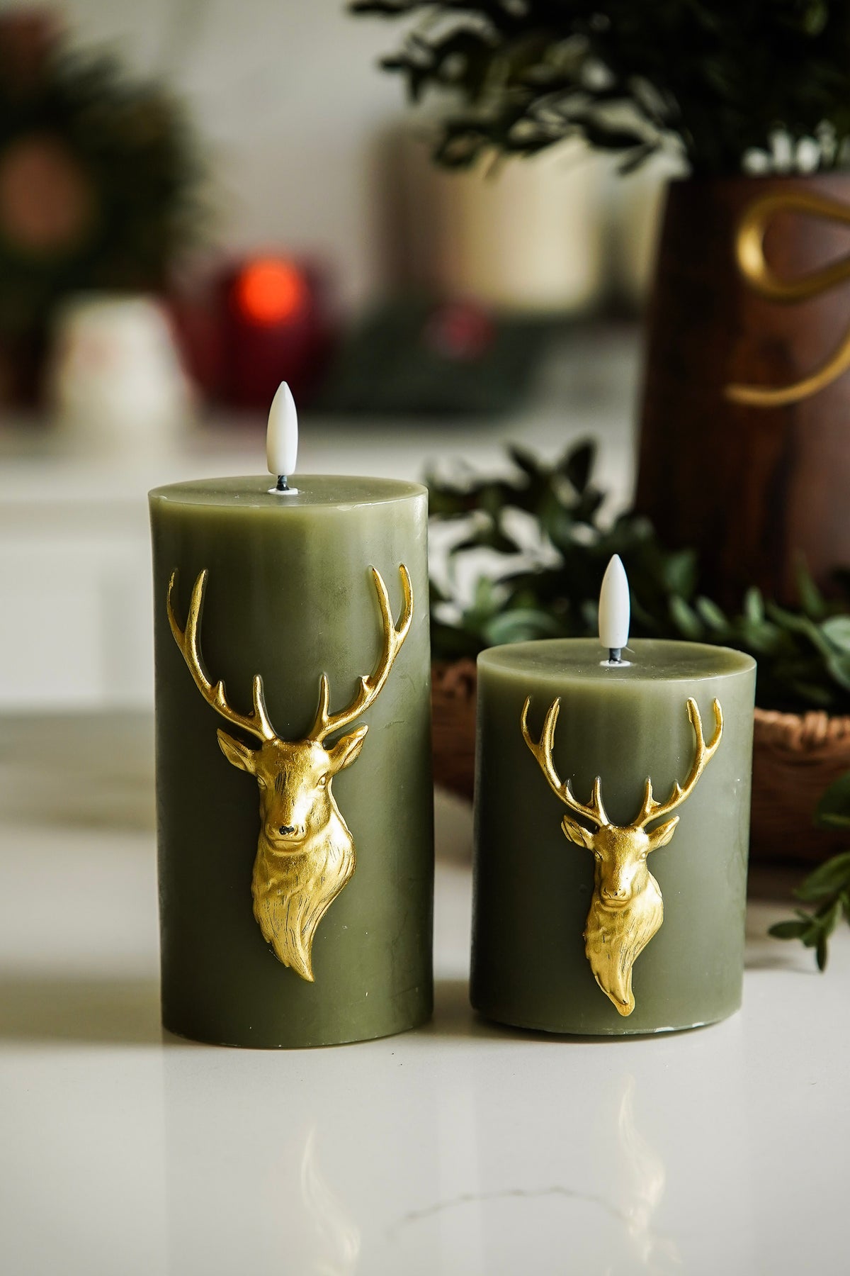 Green & Gold Deer Flameless Candle