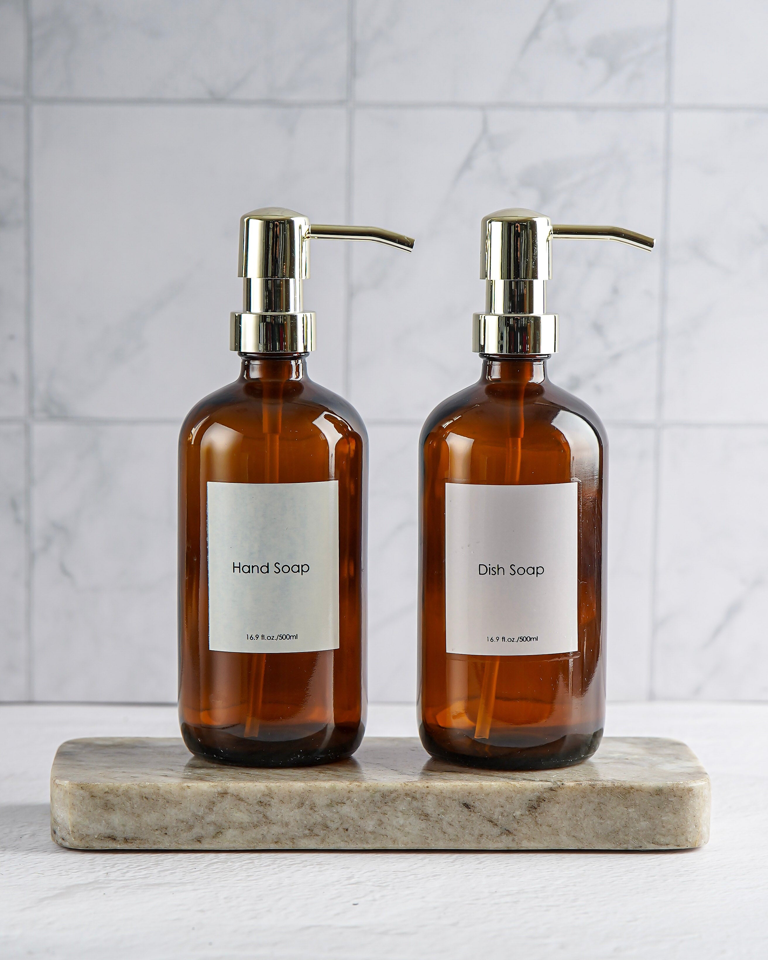 Amber Glass and Gold Soap Pump Set