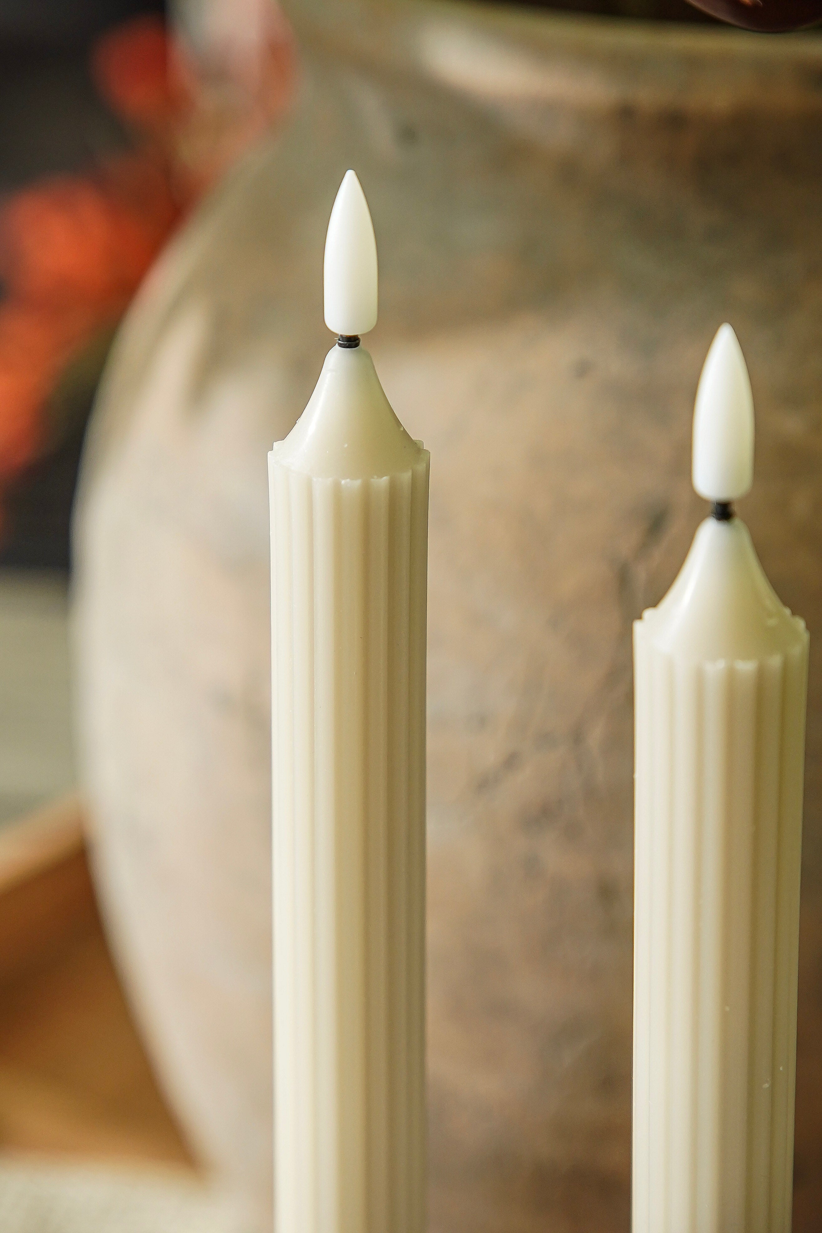 Ribbed Beige Flameless Taper Candle Set