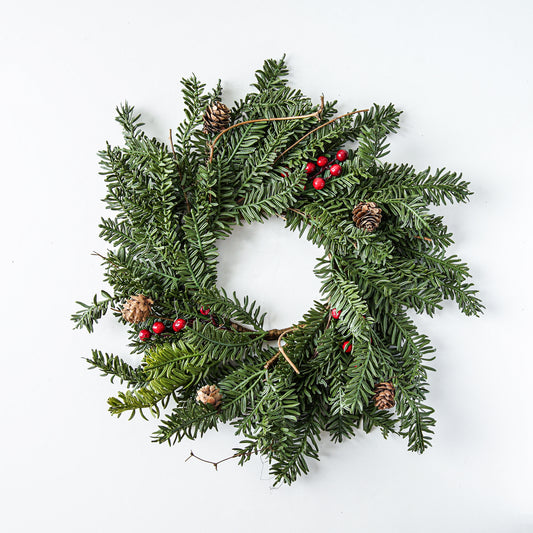 Real Touch Pine & Red Berry Candle Ring – 16”