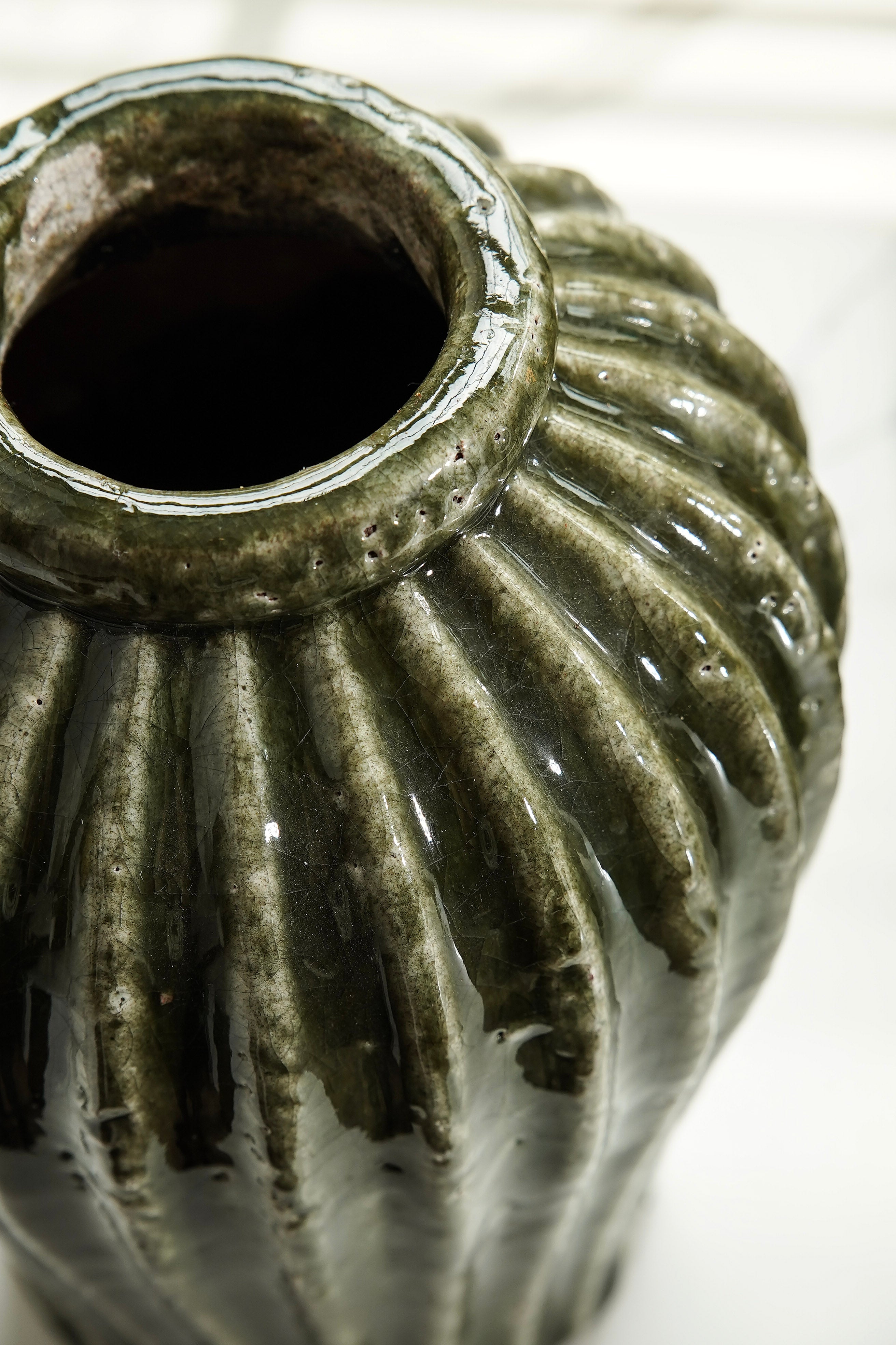 Green Ribbed Terracotta Aged Vase