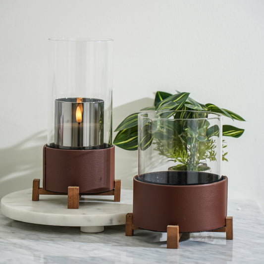 Leather & Wood Glass Candle Holder Set