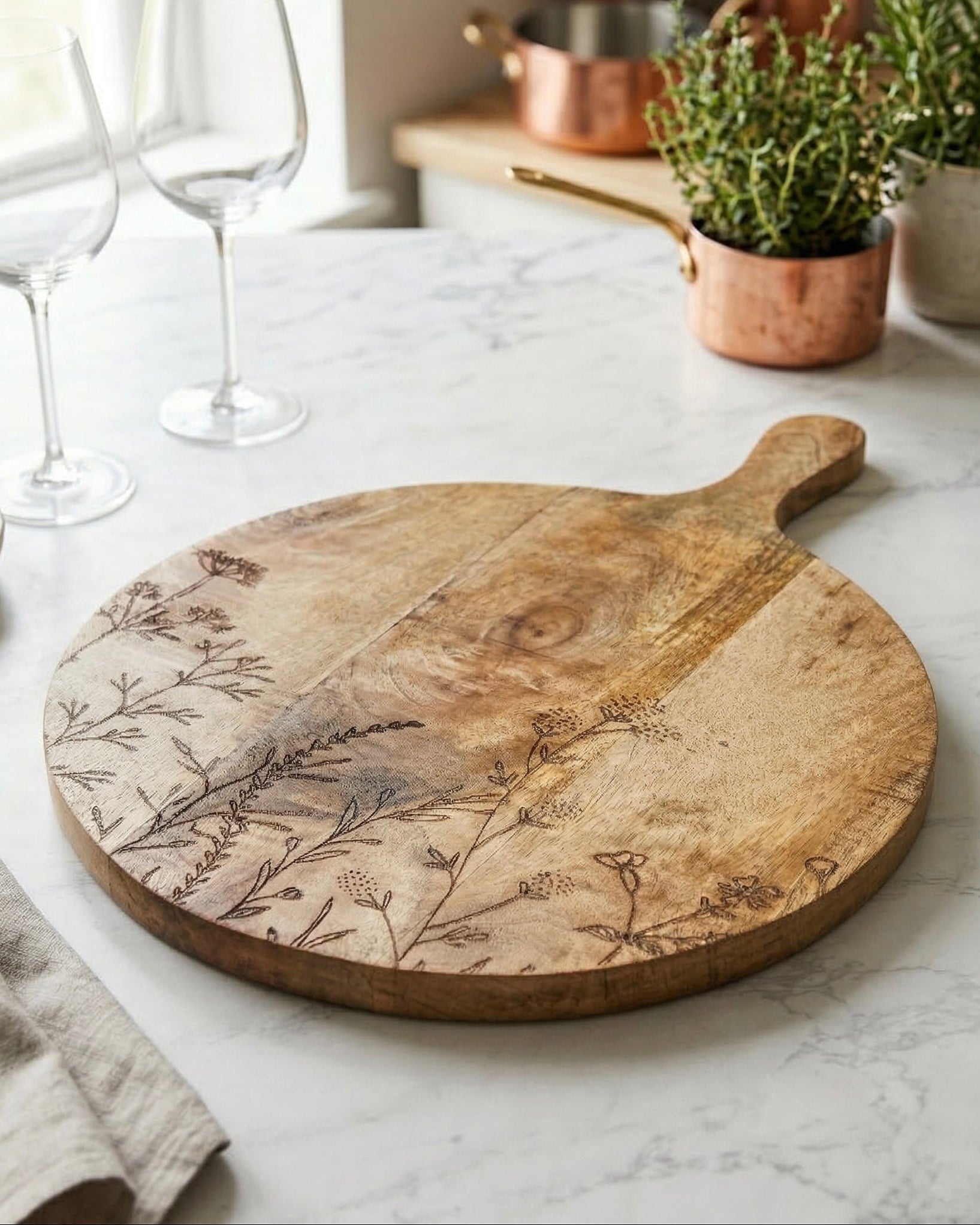 Etched Botanical Mango Wood Board