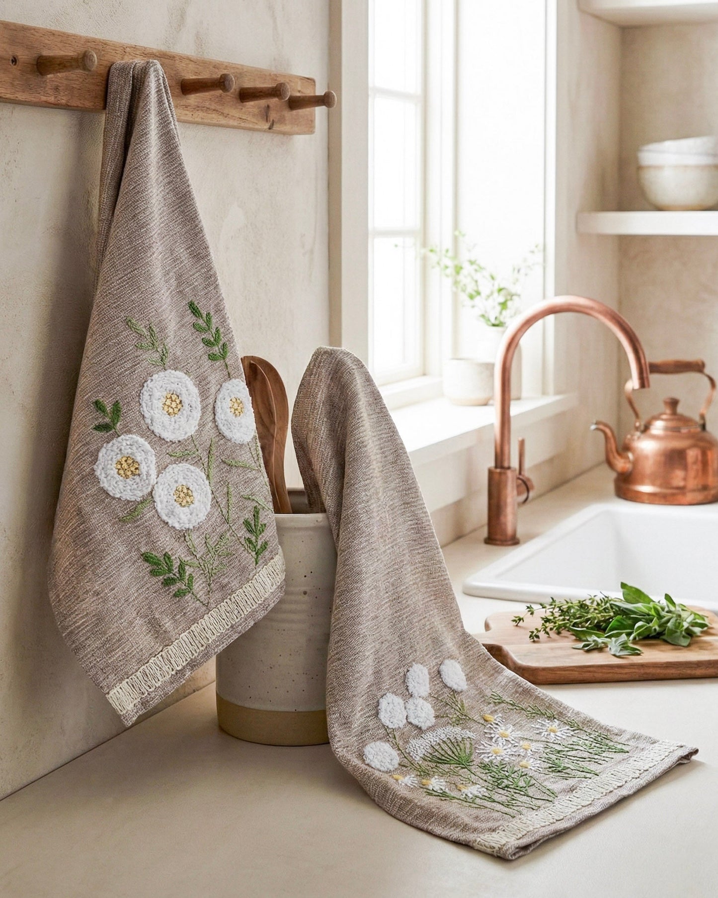 Floral Embroidered Tea Towels | Set of 2