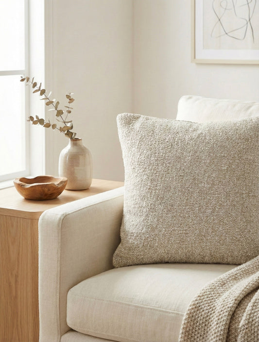 Beige sofa with a textured pillow in a bright living room