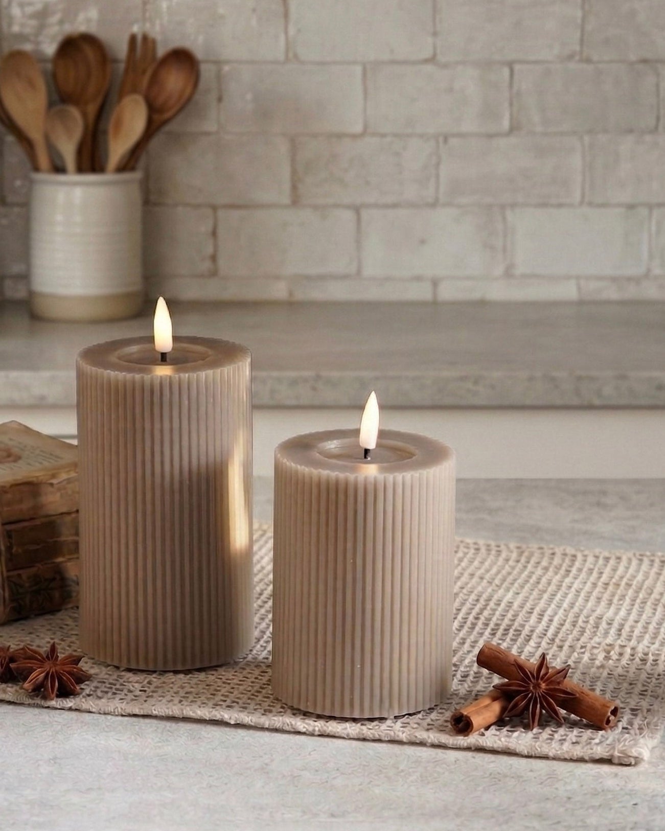 Ribbed Taupe Flameless Pillar