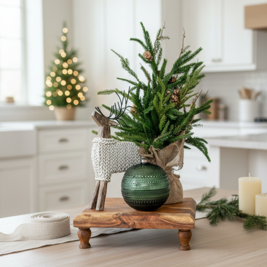 Decorative Christmas tree on a wooden stand in a kitchen setting with candles and greenery.