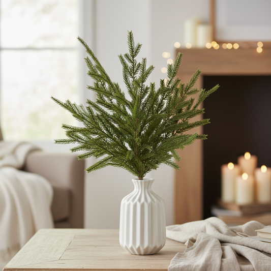 Green plant in a white vase on a wooden table with a cozy living room background.