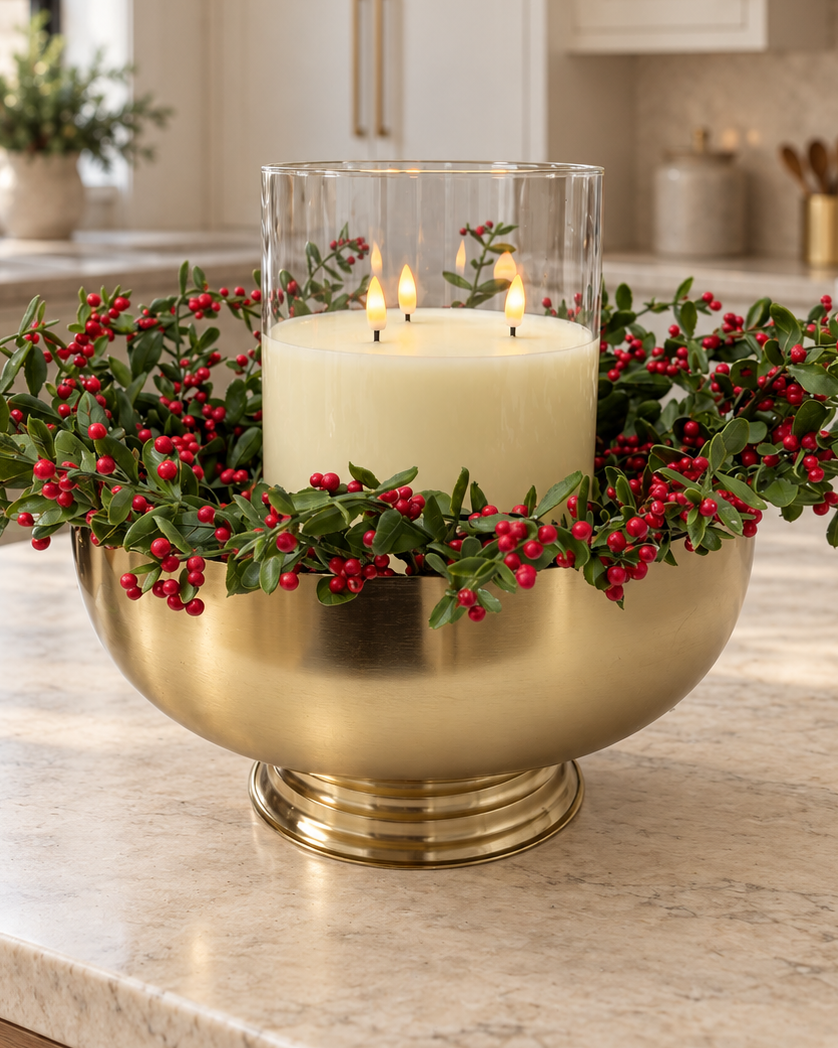 Large matte gold metal pedestal bowl styled with red berry greenery and an ivory flameless candle inside a clear glass hurricane on a kitchen island