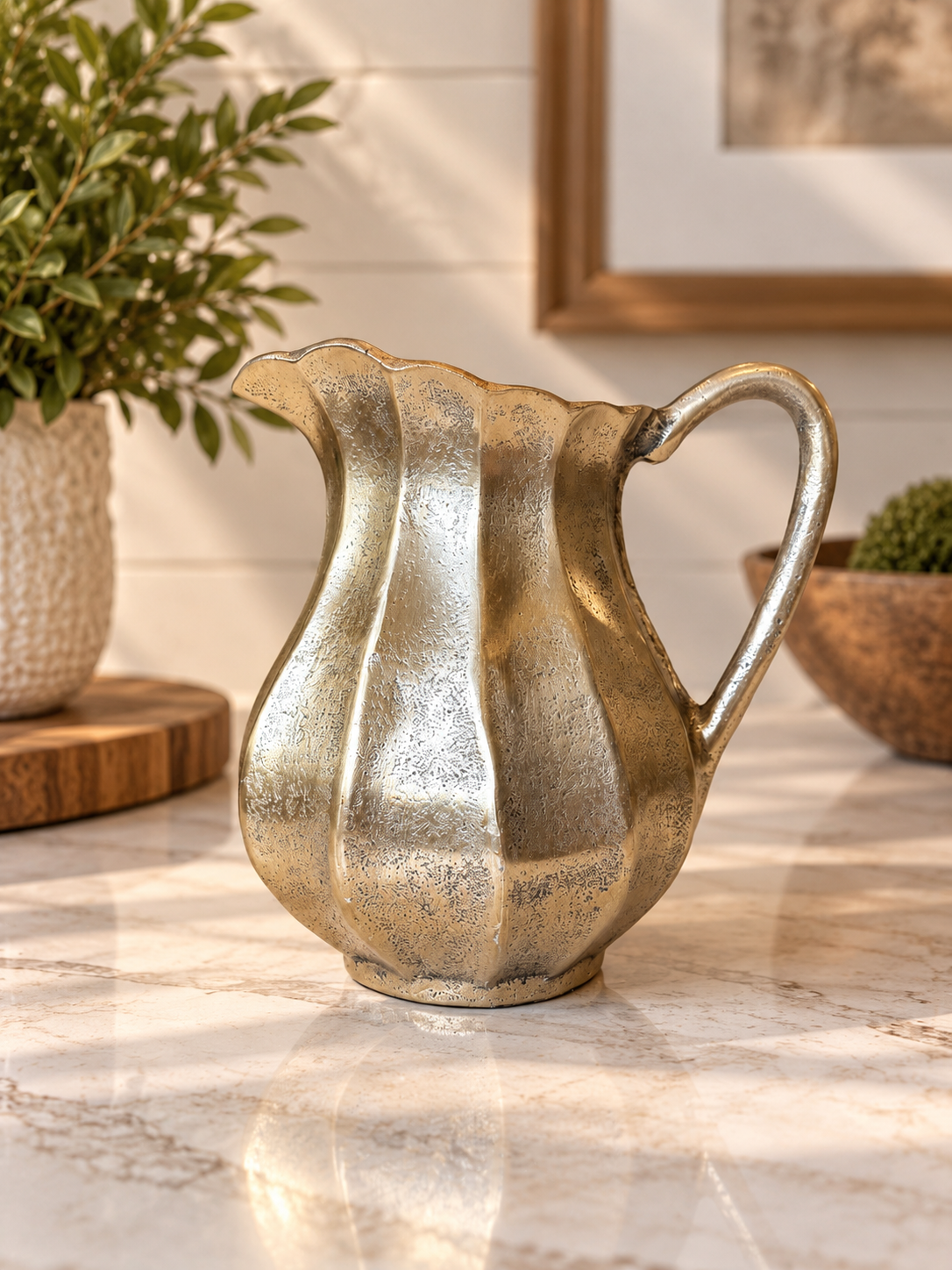 Theo antique gold decorative aluminum pitcher with scalloped rim, fluted body and curved handle