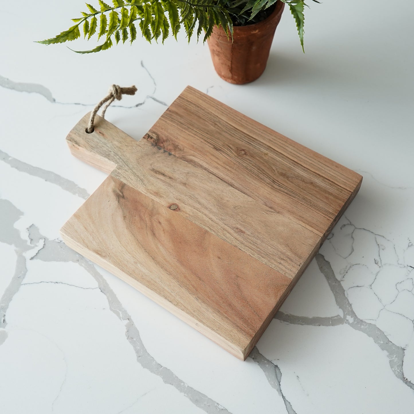 Wooden cutting board with a handle on a marble surface with a plant in the background