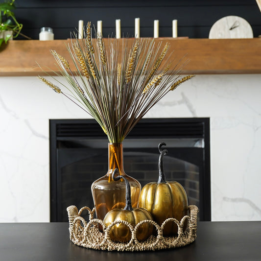 Golden Harvest Tray Bundle | Amber Vase + Wheat Stems + Gold Pumpkins