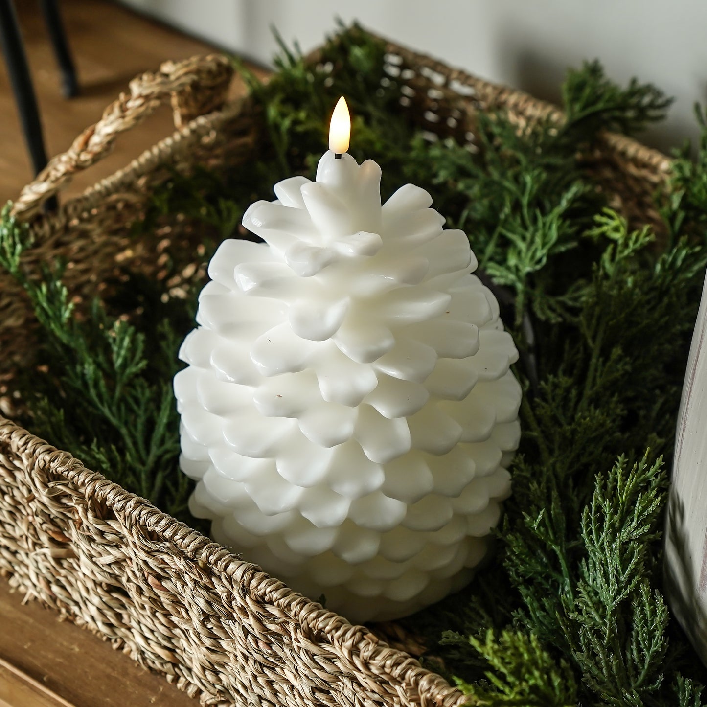 Flameless White Pinecone Candle