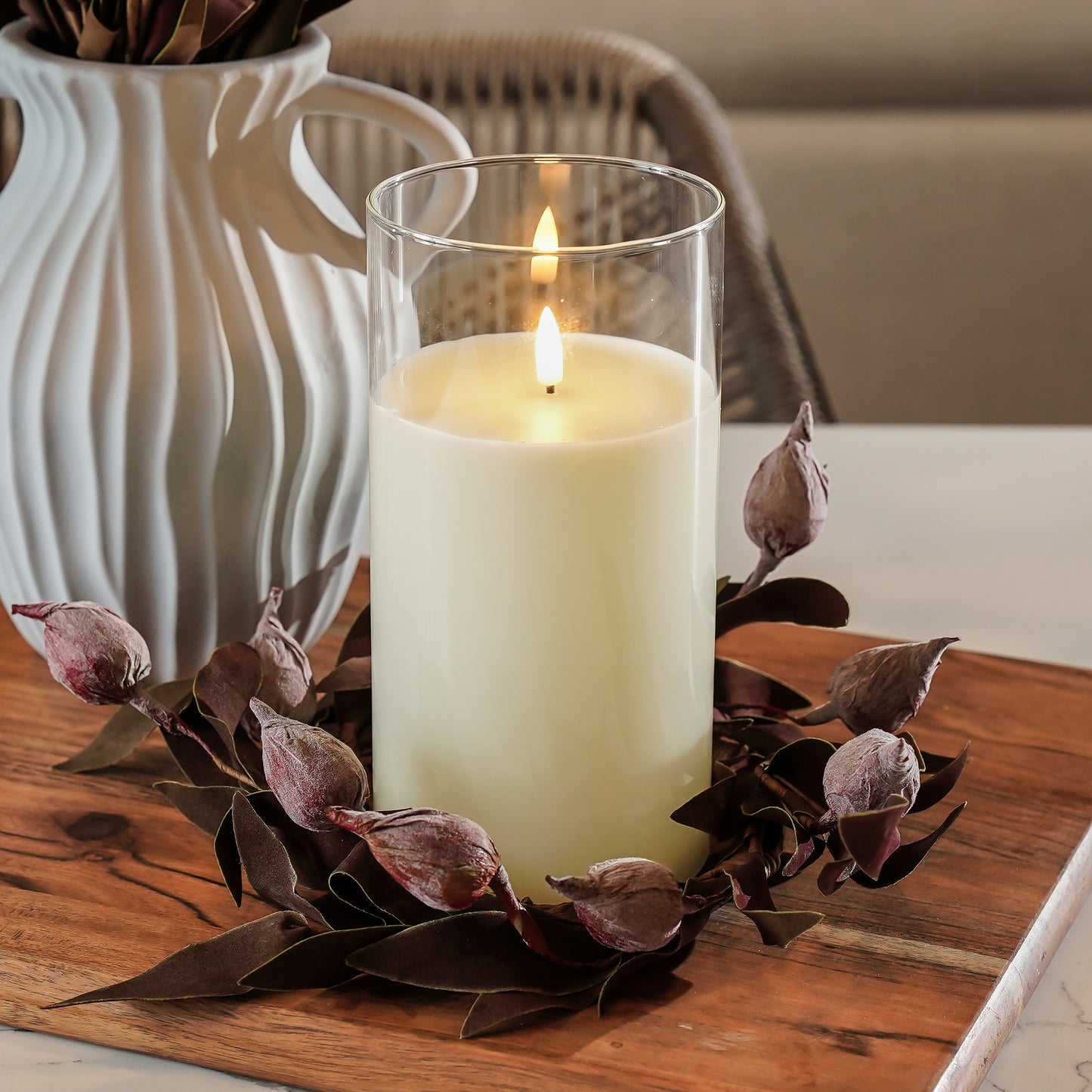 Flameless Ivory Glass Pillar Candles