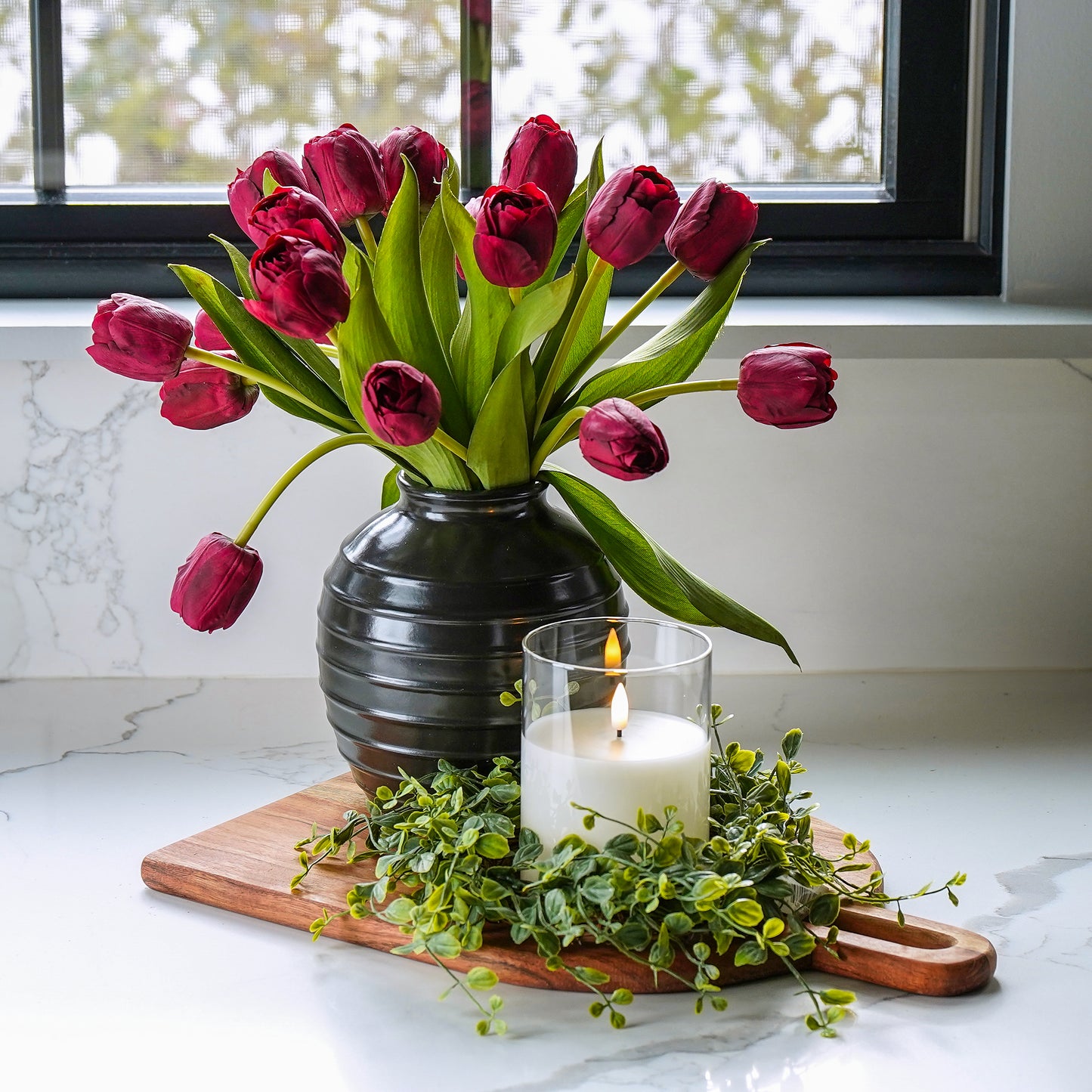 Black Ceramic Ribbed Vase