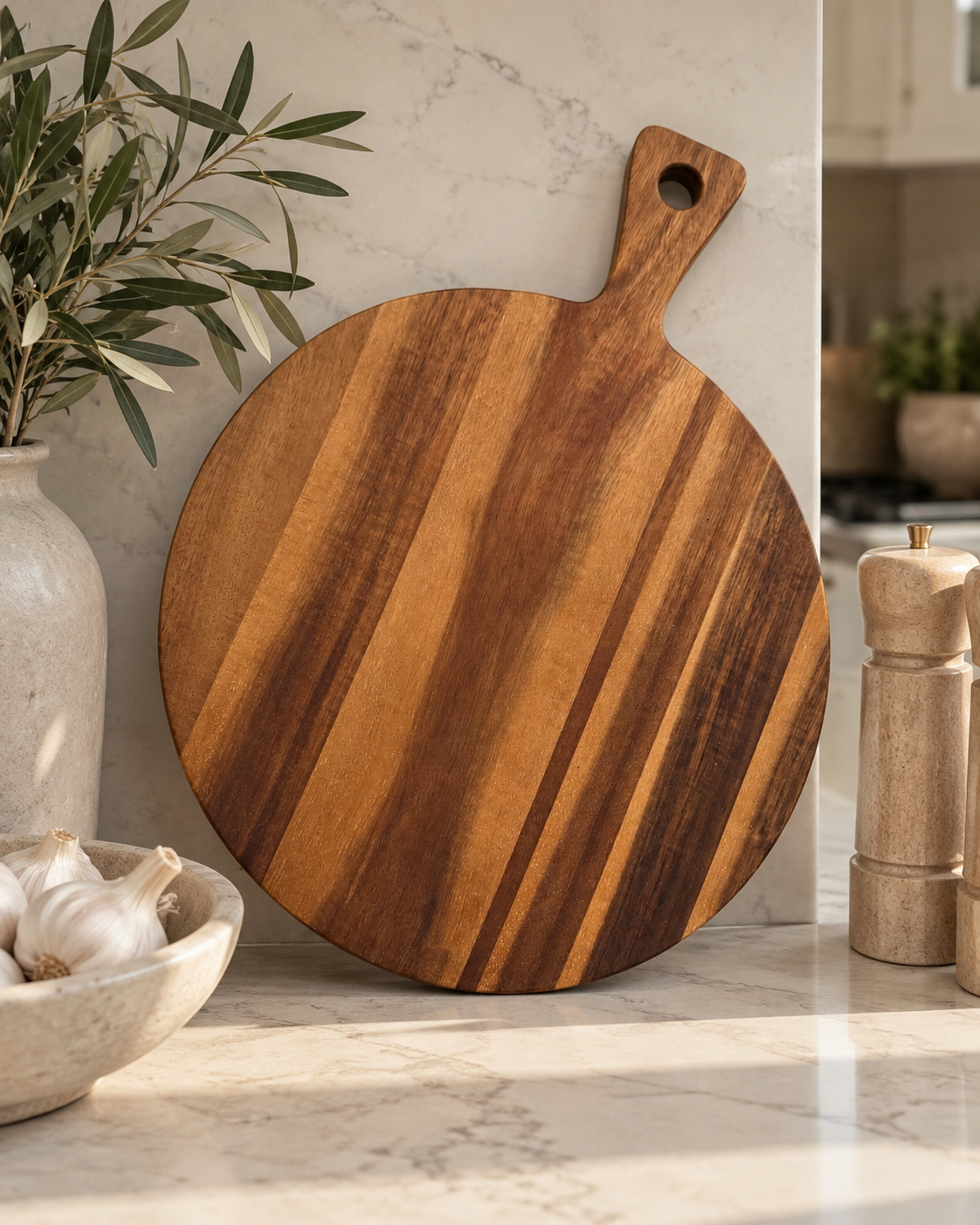 Lucas round wooden decorative board with warm brown striped wood grain, circular silhouette and integrated hanging handle