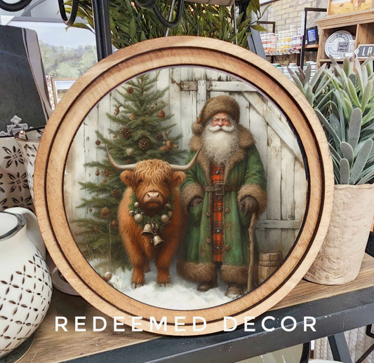 Highland Santa Round Framed Decor | Made in USA