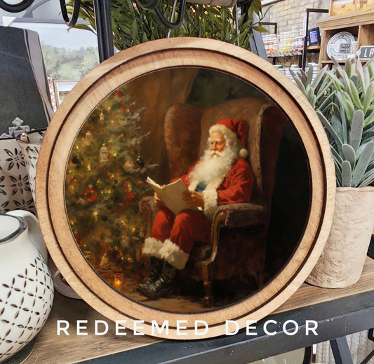 Santa Reading Round Framed Decor | Made in USA