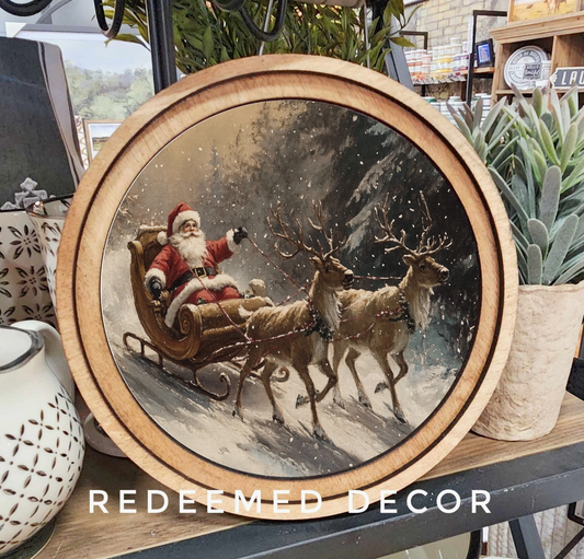 Santa Sleigh Round Framed Decor | Made in USA | Pre-Order Delayed Shipment
