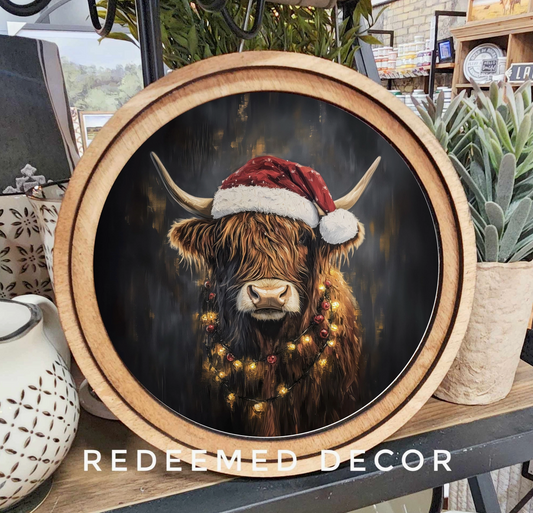Christmas Highland Round Framed Decor | Made in USA | Pre-Order Delayed Shipment