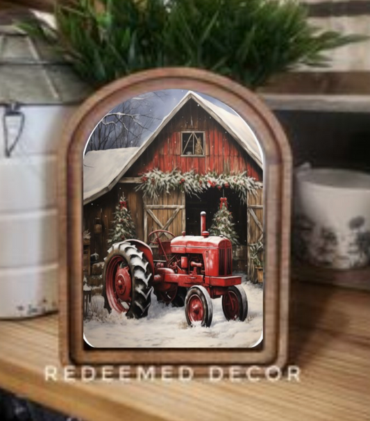 Christmas Tractor Arched Framed Decor | Made in USA | Pre-Order Delayed Shipment