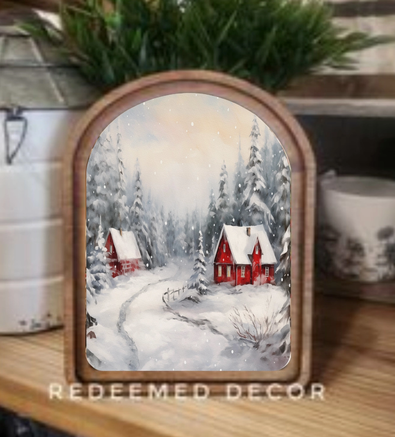 Snowy Cabin Arched Framed Decor | Made in USA | Pre-Order Delayed Shipment