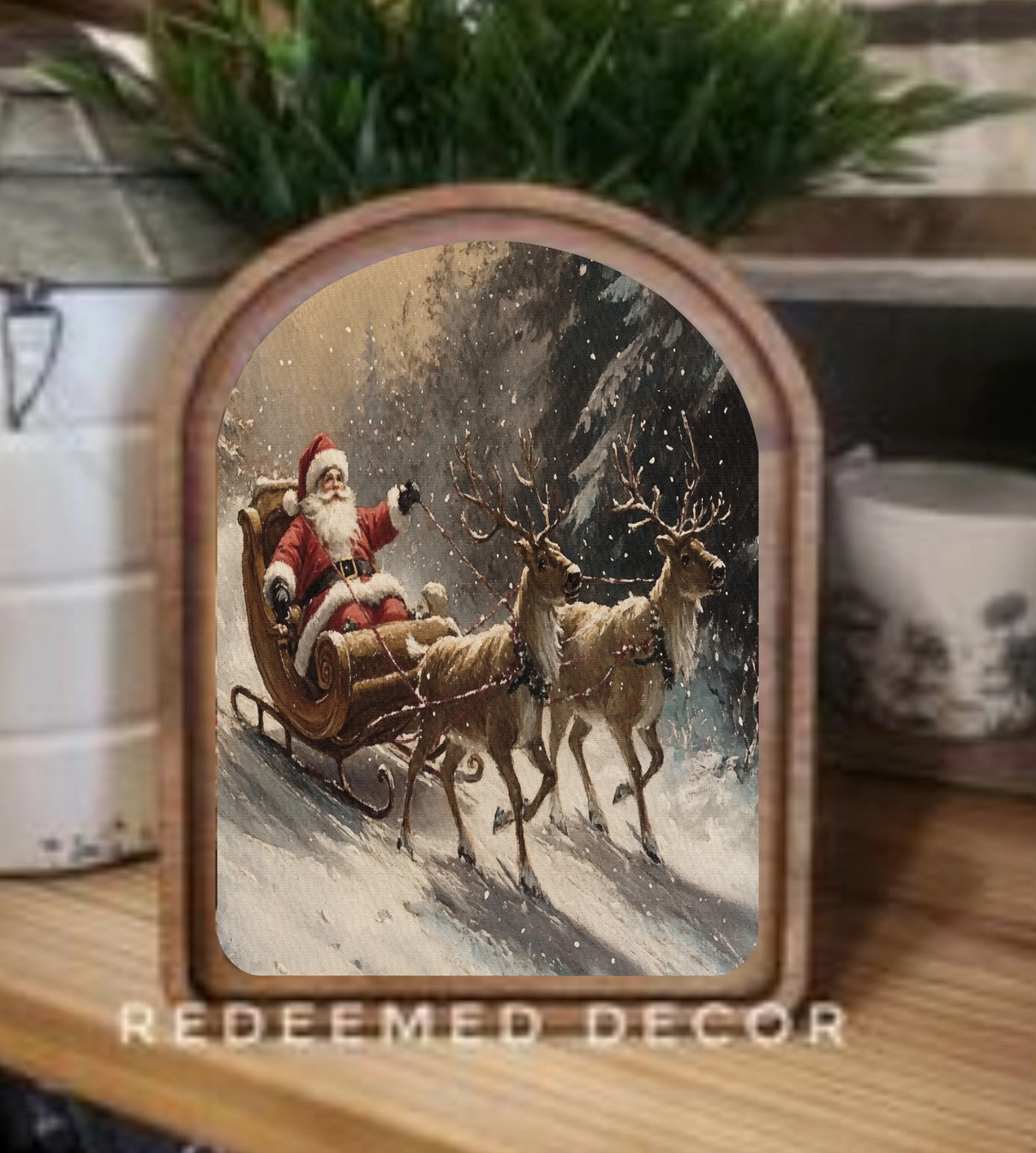 Santa Sleigh Arched Framed Decor | Made in USA | Pre-Order Delayed Shipment